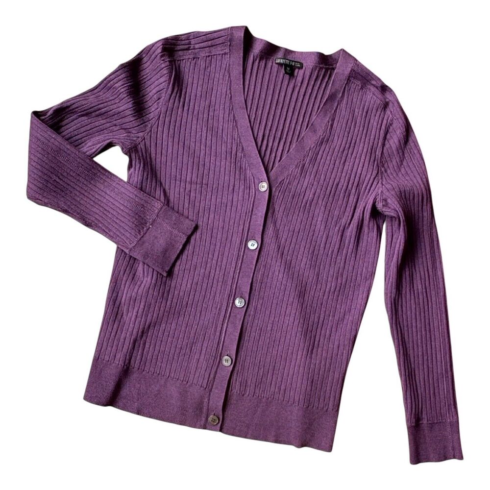 Lafayette 148 Cardigan Women's Size Medium 82% Silk Purple Sweater Knit V-Neck